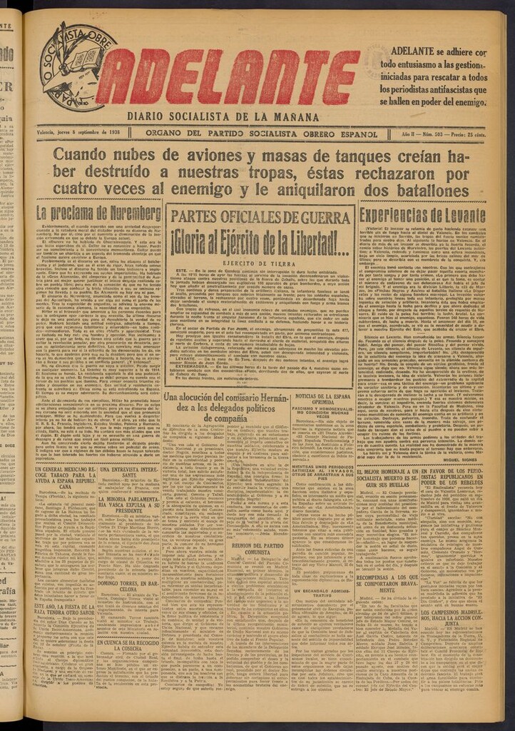 Miniatura de Adelante: diario socialista de la mañana del 8 de septiembre de 1938