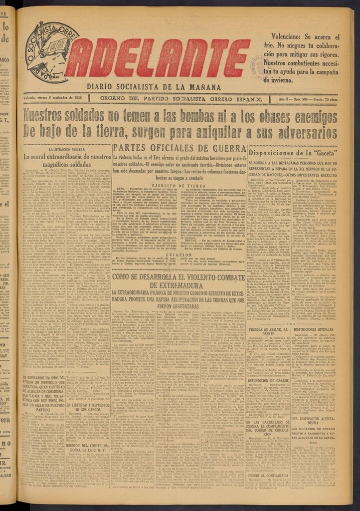 Miniatura de Adelante: diario socialista de la mañana del 9 de septiembre de 1938