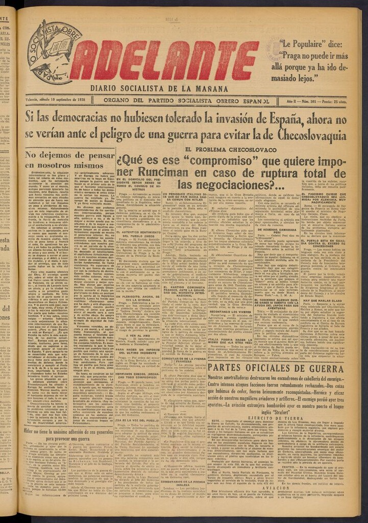 Miniatura de Adelante: diario socialista de la mañana del 10 de septiembre de 1938