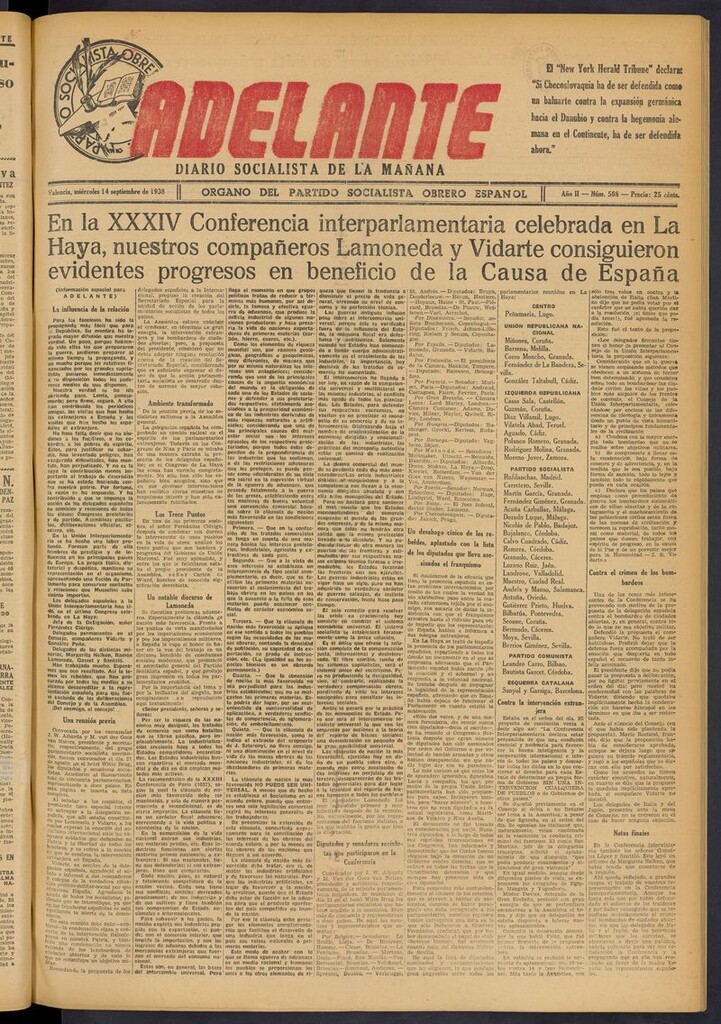 Miniatura de Adelante: diario socialista de la mañana del 14 de septiembre de 1938