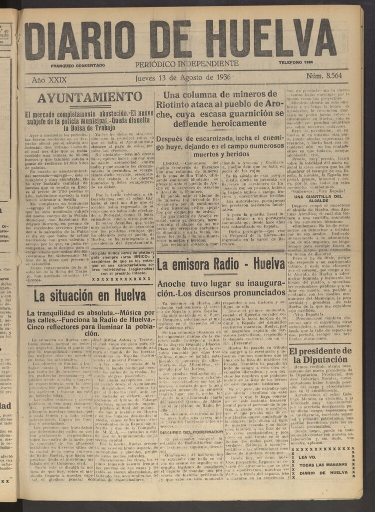 Miniatura de Diario de Huelva : periódico independiente del 13 de agosto de 1936
