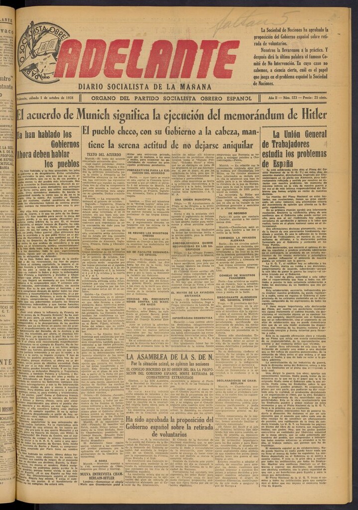 Miniatura de Adelante: diario socialista de la mañana del 1 de octubre de 1938