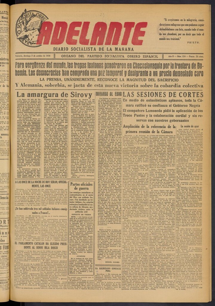 Miniatura de Adelante: diario socialista de la mañana del 2 de octubre de 1938