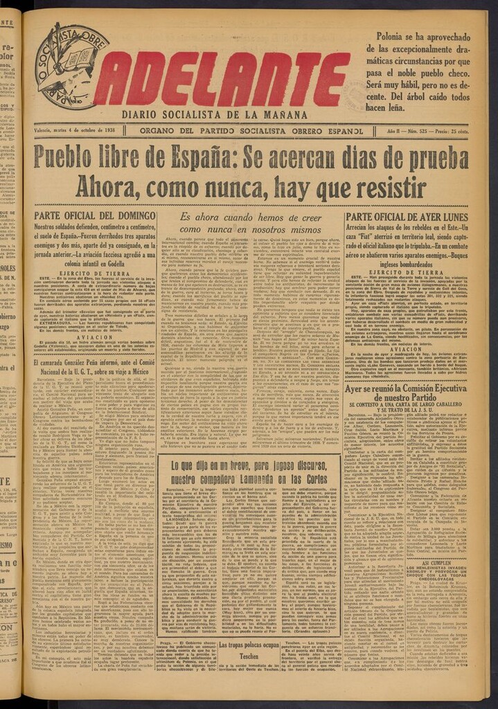 Miniatura de Adelante: diario socialista de la mañana del 4 de octubre de 1938