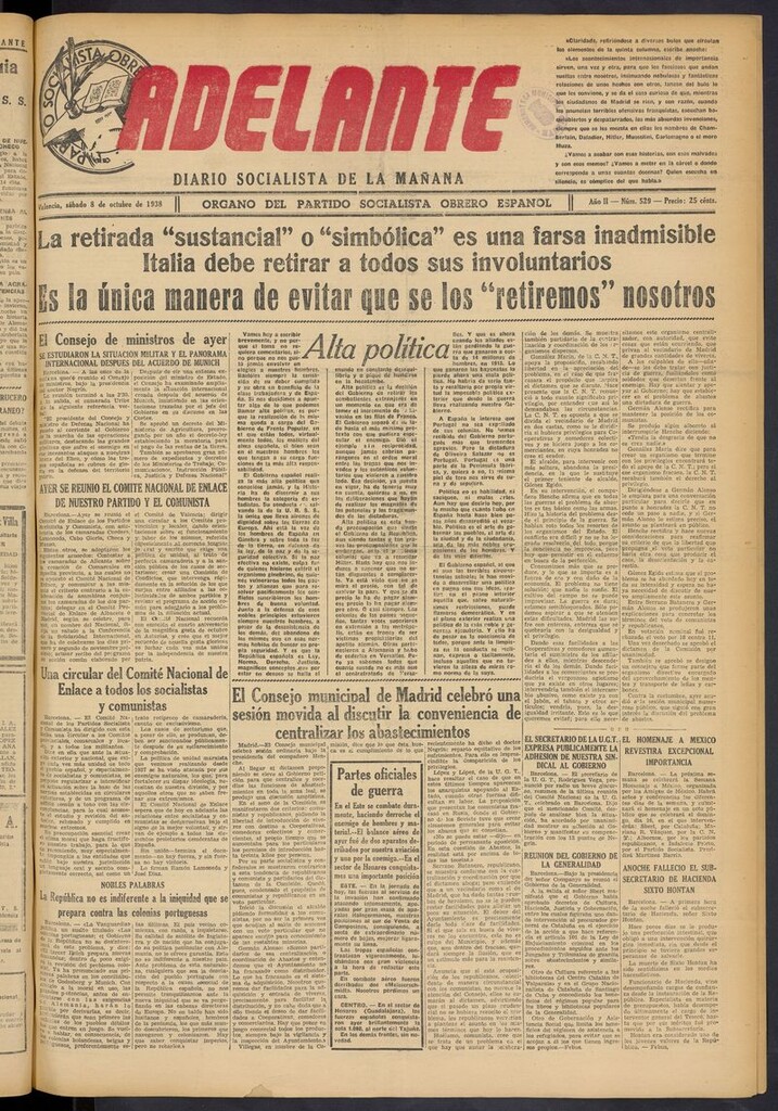 Miniatura de Adelante: diario socialista de la mañana del 8 de octubre de 1938