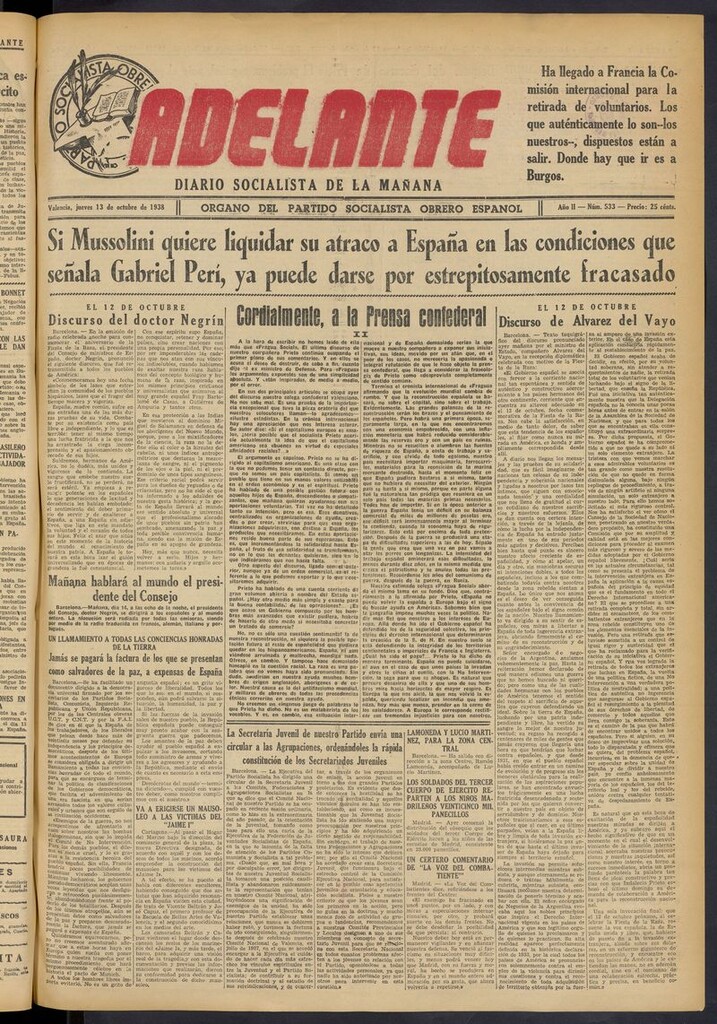 Miniatura de Adelante: diario socialista de la mañana del 13 de octubre de 1938