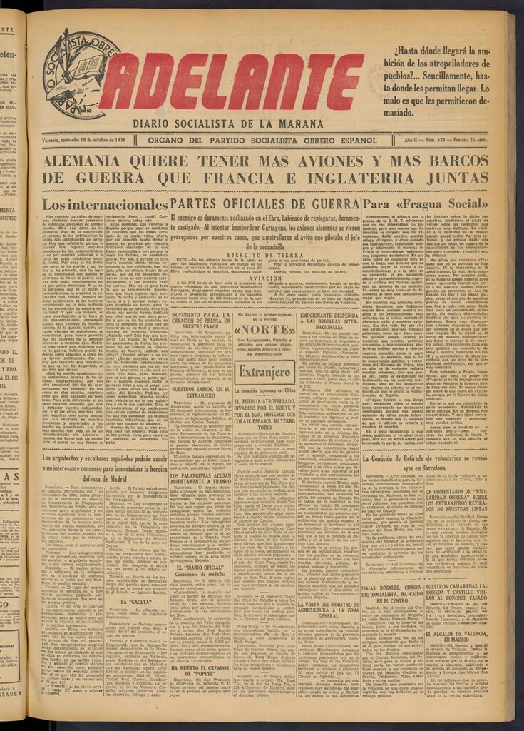 Miniatura de Adelante: diario socialista de la mañana del 19 de octubre de 1938