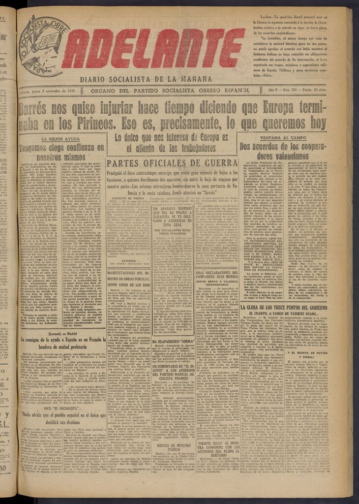 Miniatura de Adelante: diario socialista de la mañana del 3 de noviembre de 1938