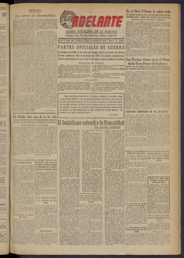 Miniatura de Adelante: diario socialista de la mañana del 13 de noviembre de 1938