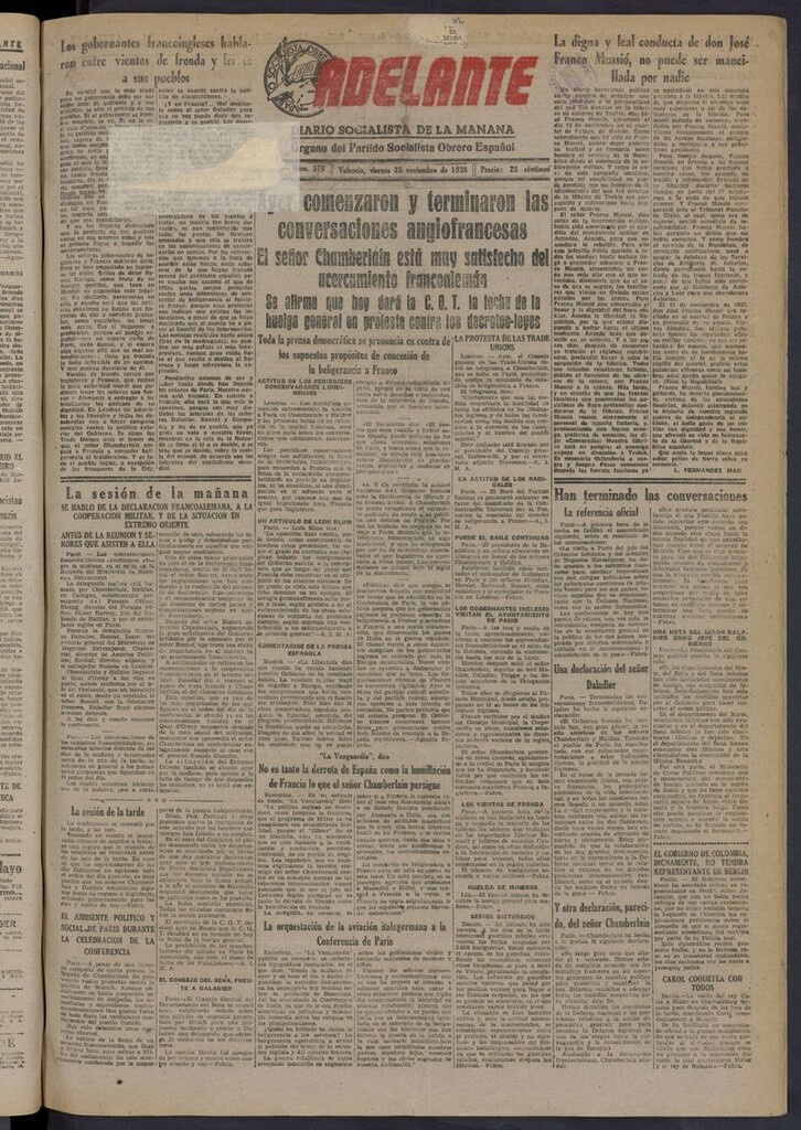 Miniatura de Adelante: diario socialista de la mañana del 25 de noviembre de 1938