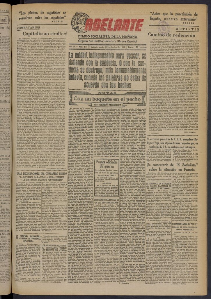 Miniatura de Adelante: diario socialista de la mañana del 29 de noviembre de 1938