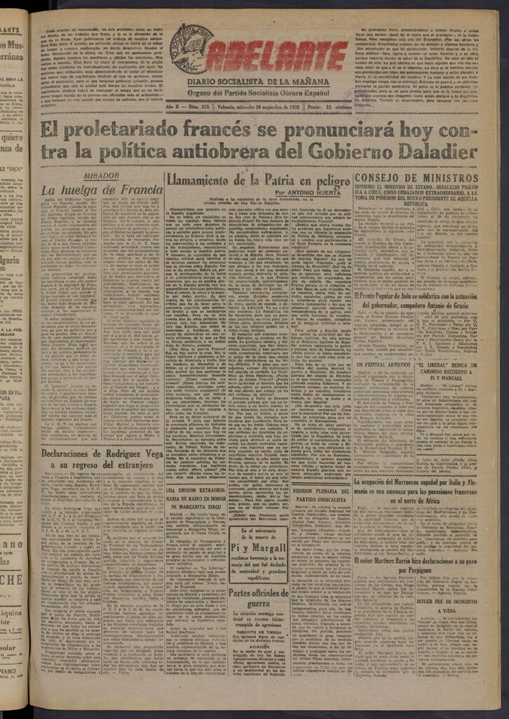 Miniatura de Adelante: diario socialista de la mañana del 30 de noviembre de 1938