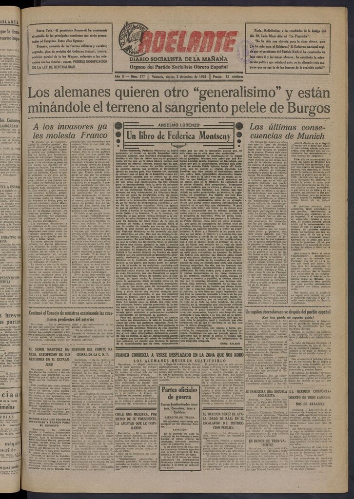 Miniatura de Adelante: diario socialista de la mañana del 2 de diciembre de 1938