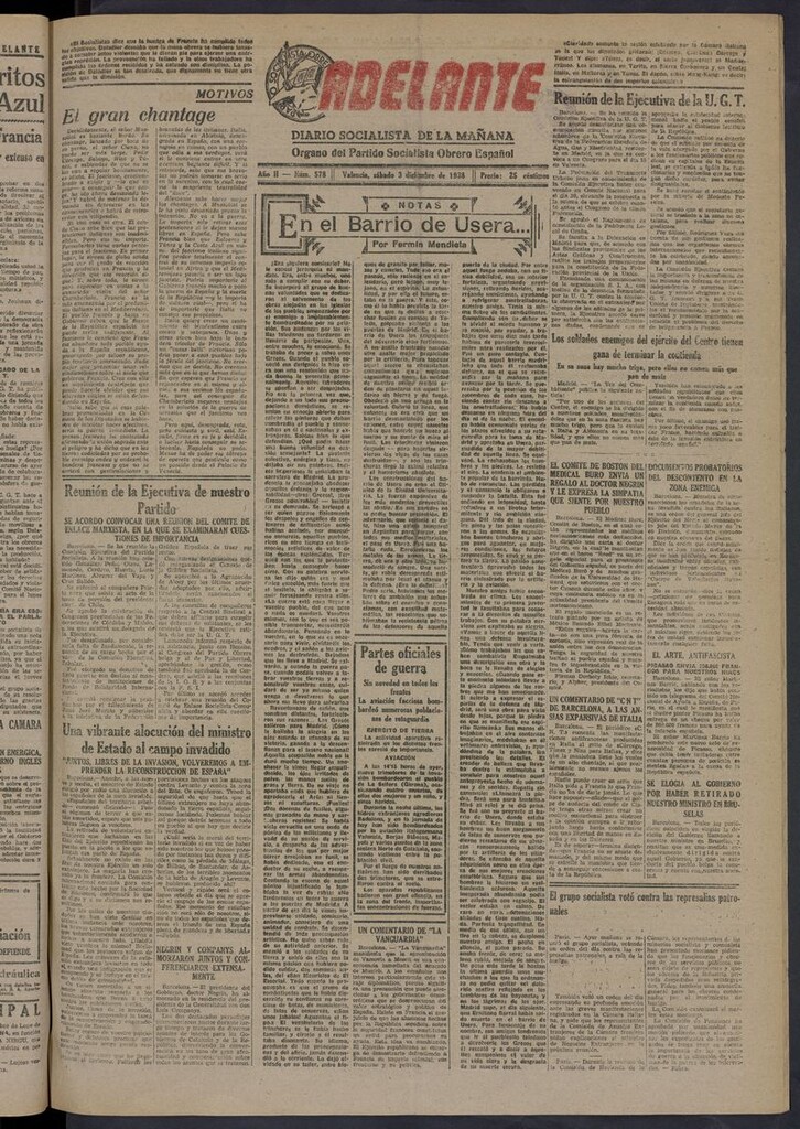 Miniatura de Adelante: diario socialista de la mañana del 3 de diciembre de 1938
