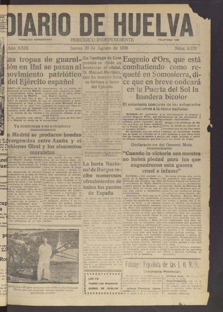 Miniatura de Diario de Huelva : periódico independiente del 20 de agosto de 1936
