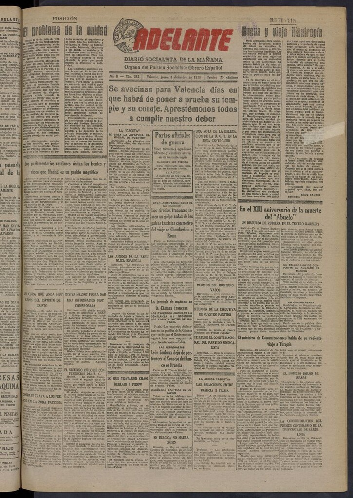 Miniatura de Adelante: diario socialista de la mañana del 8 de diciembre de 1938