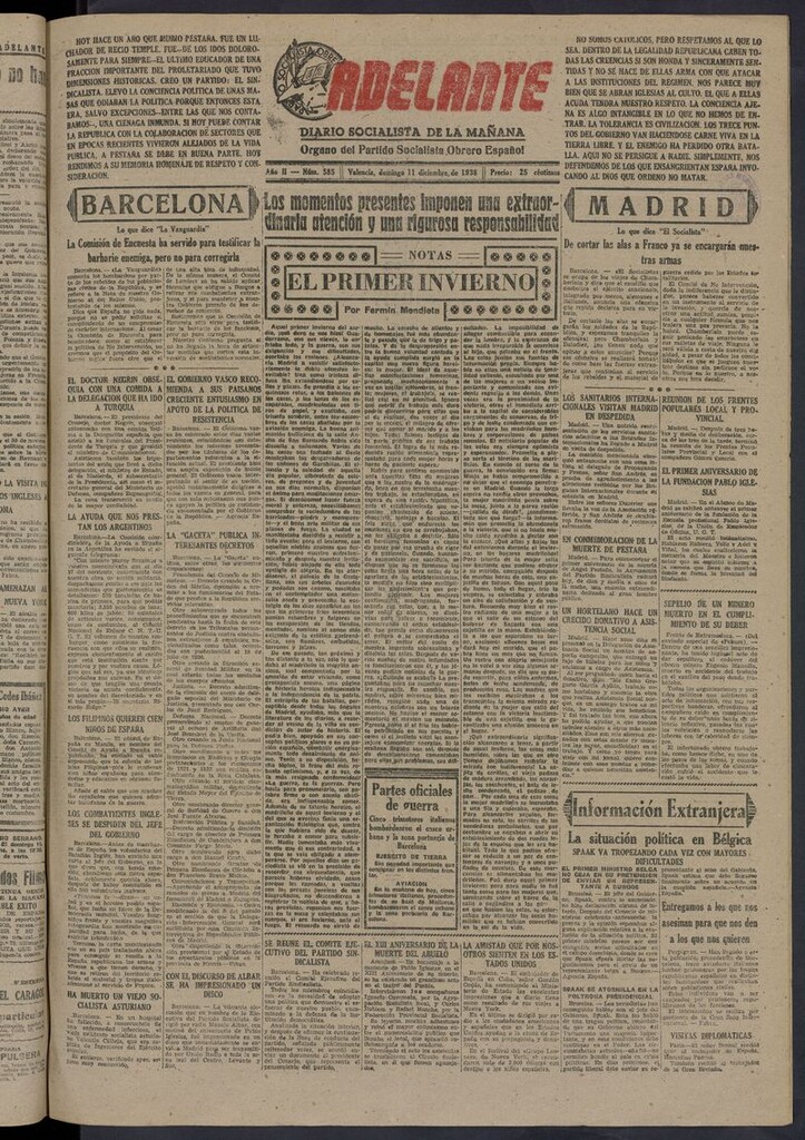 Miniatura de Adelante: diario socialista de la mañana del 11 de diciembre de 1938