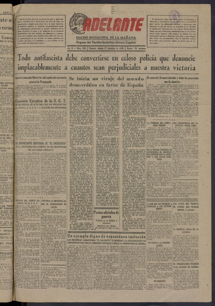 Miniatura de Adelante: diario socialista de la mañana del 17 de diciembre de 1938
