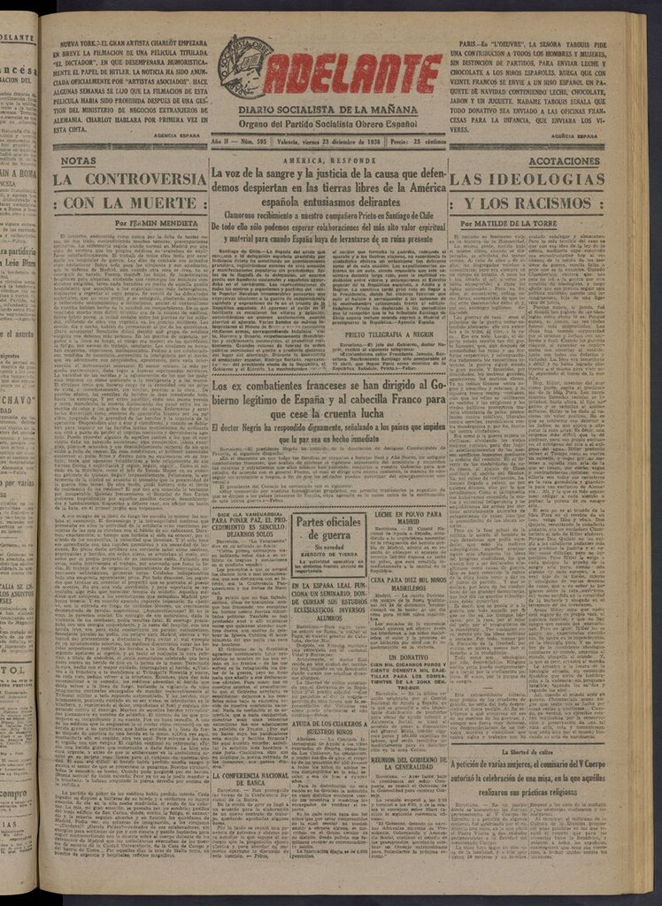 Miniatura de Adelante: diario socialista de la mañana del 23 de diciembre de 1938
