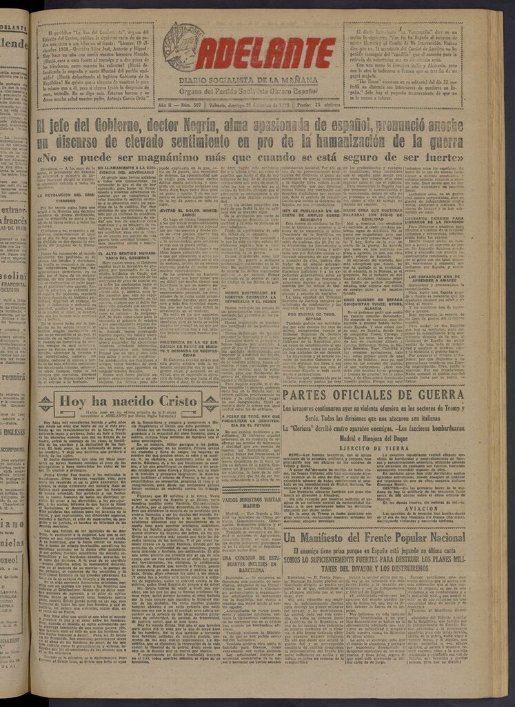 Miniatura de Adelante: diario socialista de la mañana del 25 de diciembre de 1938