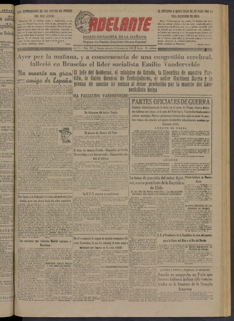 Miniatura de Adelante: diario socialista de la mañana del 28 de diciembre de 1938