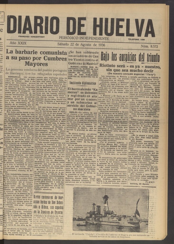 Miniatura de Diario de Huelva : periódico independiente del 22 de agosto de 1936