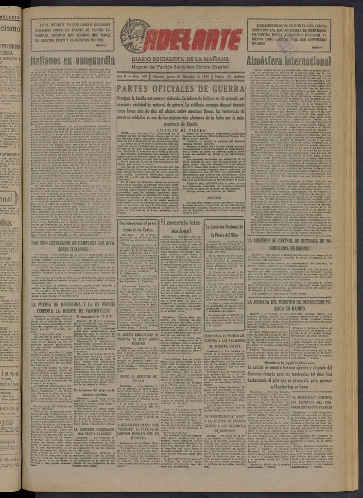 Miniatura de Adelante: diario socialista de la mañana del 29 de diciembre de 1938