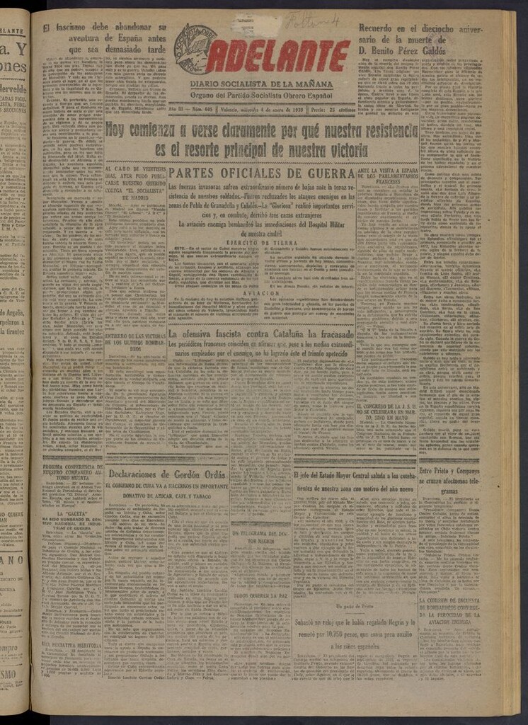 Miniatura de Adelante: diario socialista de la mañana del 4 de enero de 1939
