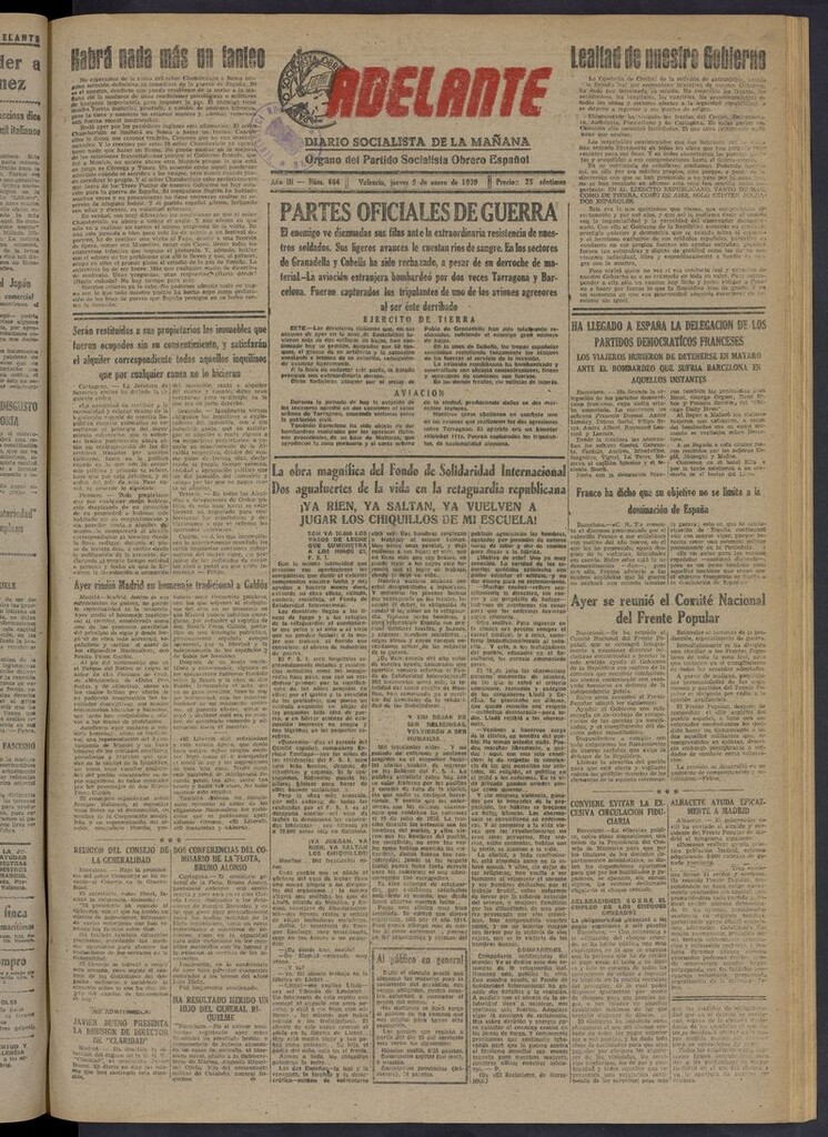 Miniatura de Adelante: diario socialista de la mañana del 5 de enero de 1939
