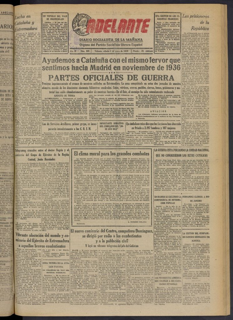 Miniatura de Adelante: diario socialista de la mañana del 7 de enero de 1939