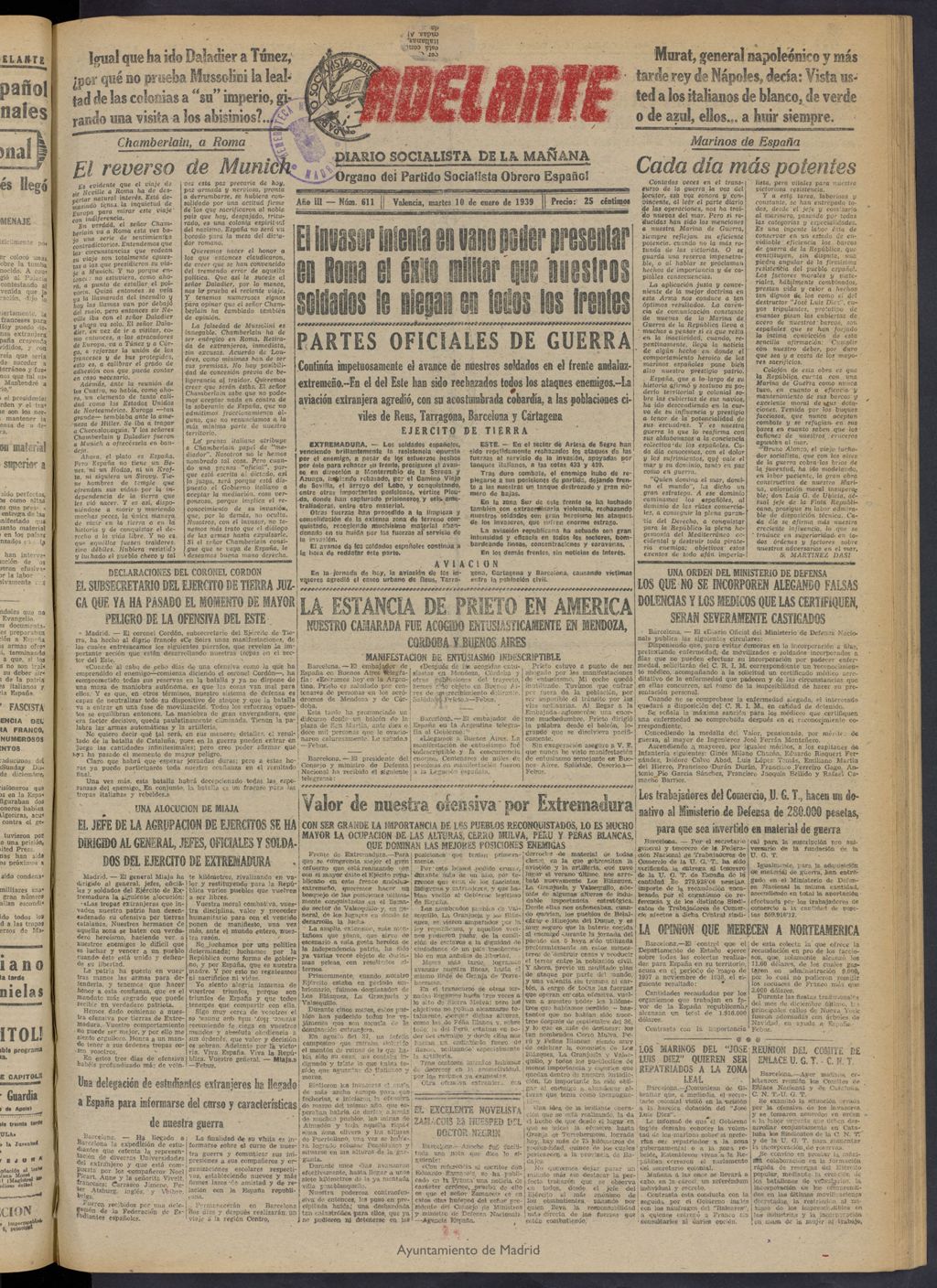 Miniatura de Adelante: diario socialista de la mañana del 10 de enero de 1939