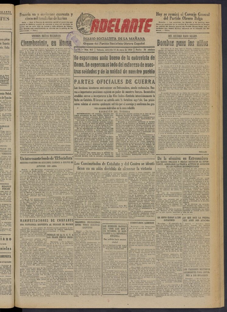 Miniatura de Adelante: diario socialista de la mañana del 11 de enero de 1939