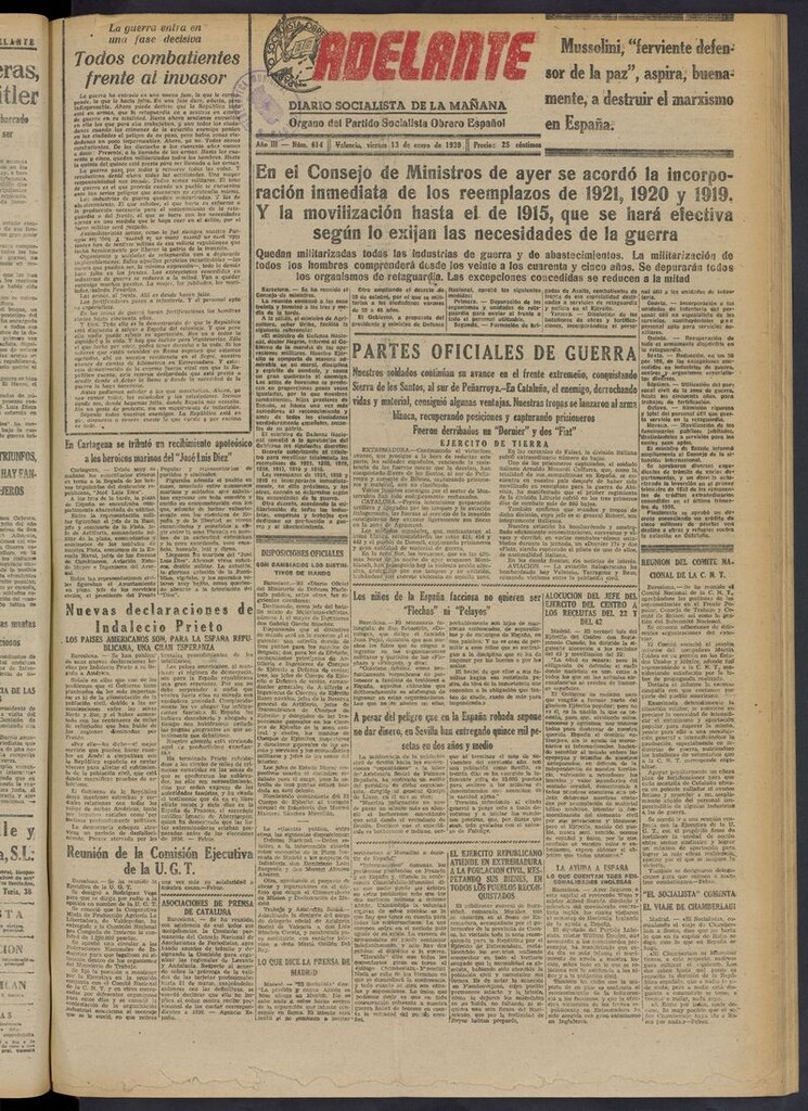 Miniatura de Adelante: diario socialista de la mañana del 13 de enero de 1939