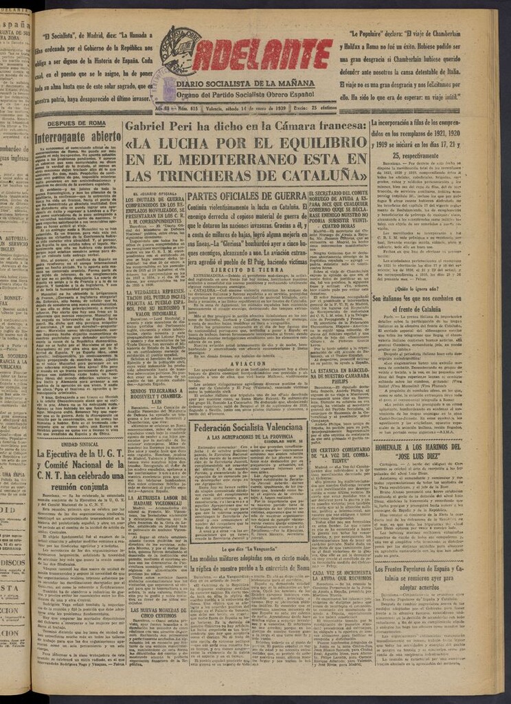Miniatura de Adelante: diario socialista de la mañana del 14 de enero de 1939