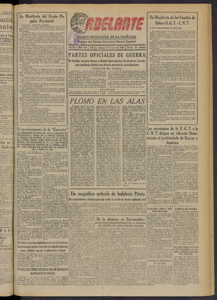 Miniatura de Adelante: diario socialista de la mañana del 15 de enero de 1939