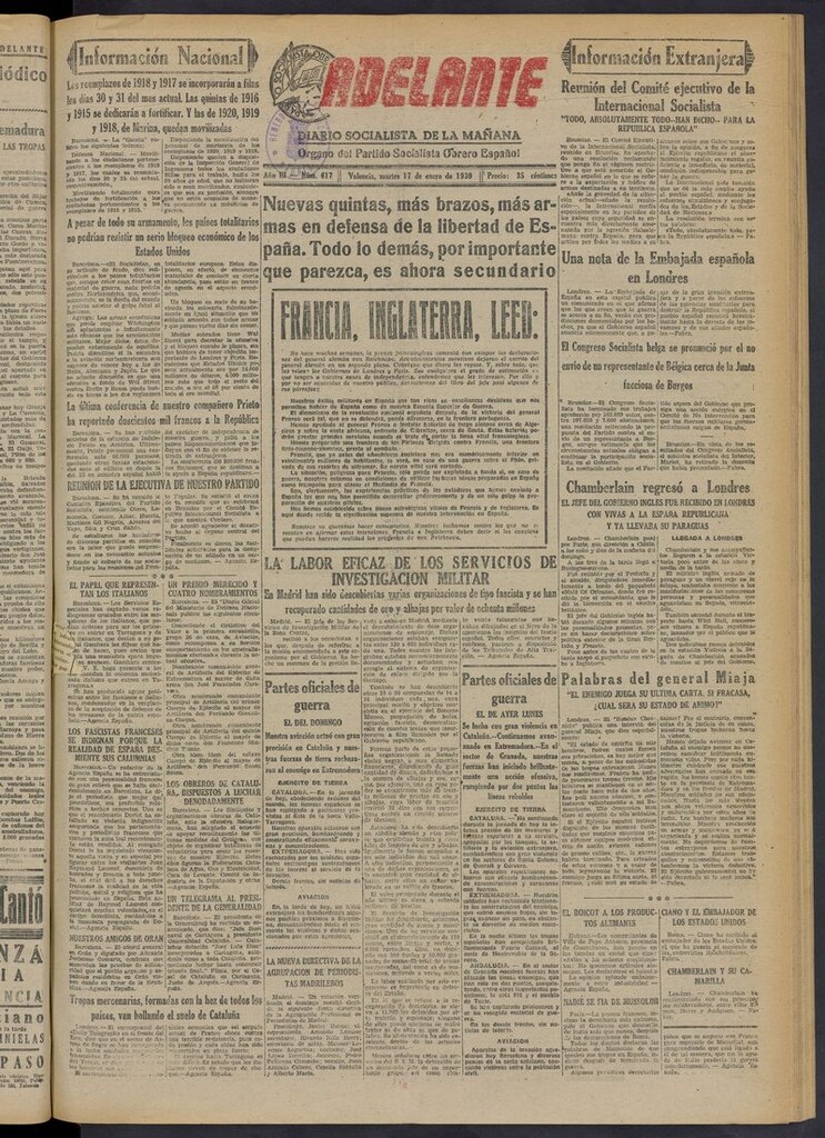Miniatura de Adelante: diario socialista de la mañana del 17 de enero de 1939