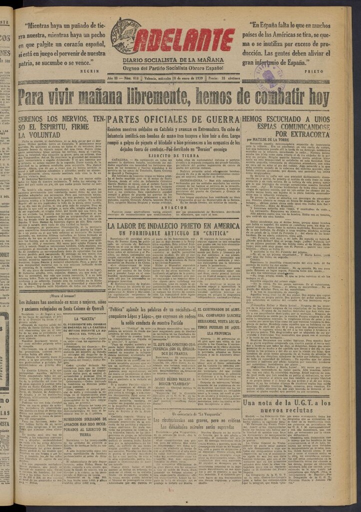Miniatura de Adelante: diario socialista de la mañana del 18 de enero de 1939