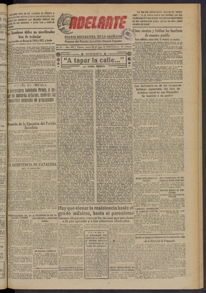 Miniatura de Adelante: diario socialista de la mañana del 20 de enero de 1939
