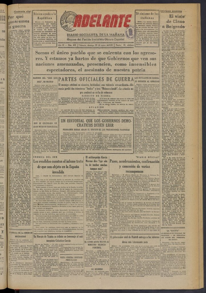 Miniatura de Adelante: diario socialista de la mañana del 22 de enero de 1939