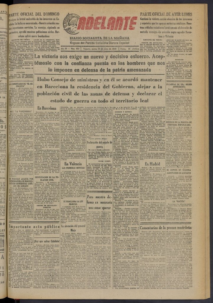Miniatura de Adelante: diario socialista de la mañana del 24 de enero de 1939
