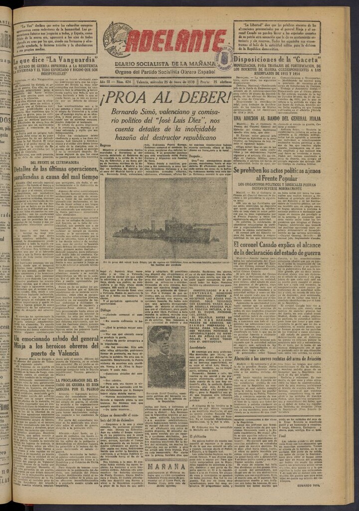Miniatura de Adelante: diario socialista de la mañana del 25 de enero de 1939