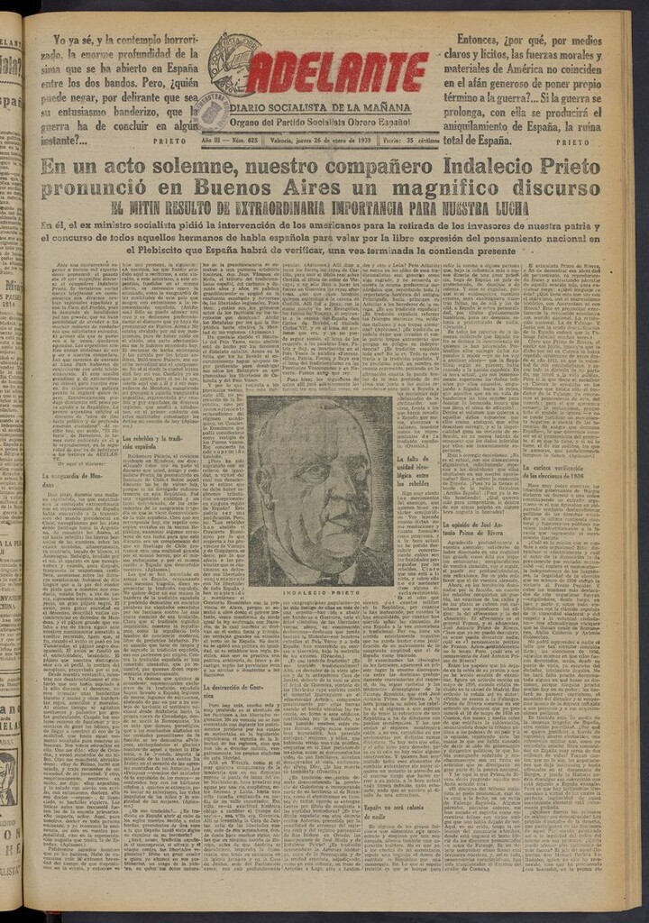 Miniatura de Adelante: diario socialista de la mañana del 26 de enero de 1939
