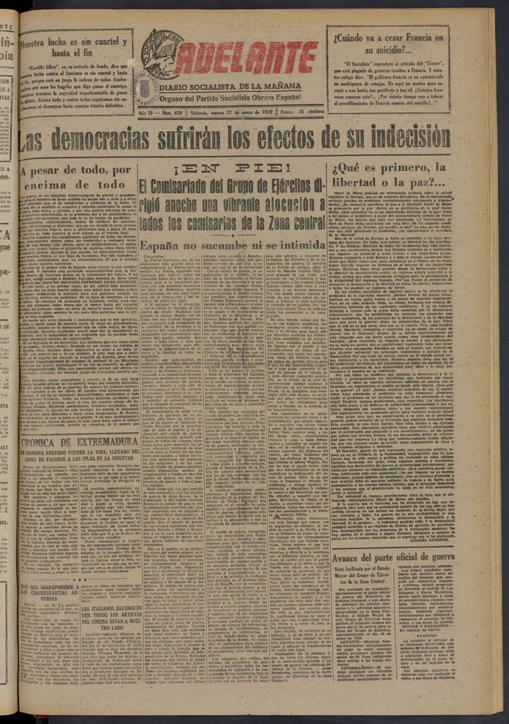 Miniatura de Adelante: diario socialista de la mañana del 27 de enero de 1939