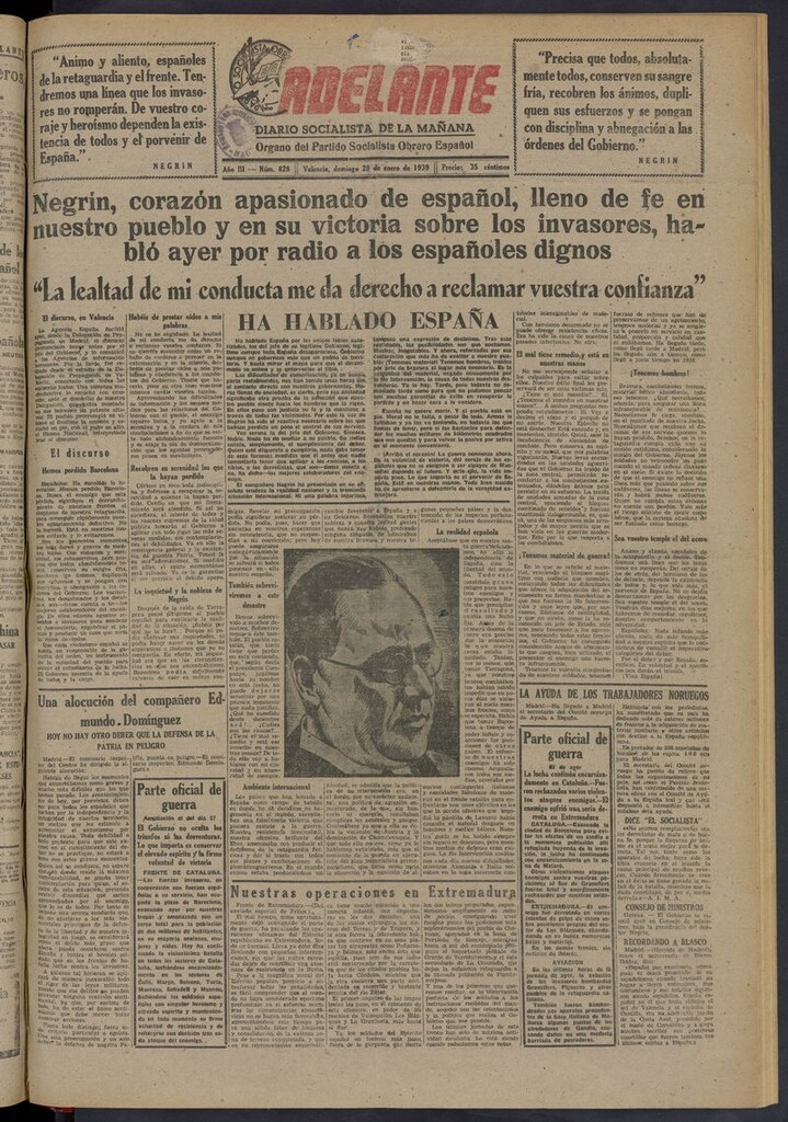 Miniatura de Adelante: diario socialista de la mañana del 29 de enero de 1939