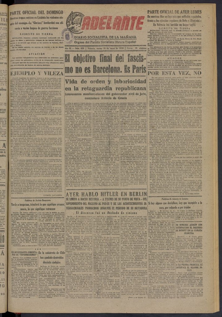 Miniatura de Adelante: diario socialista de la mañana del 31 de enero de 1939