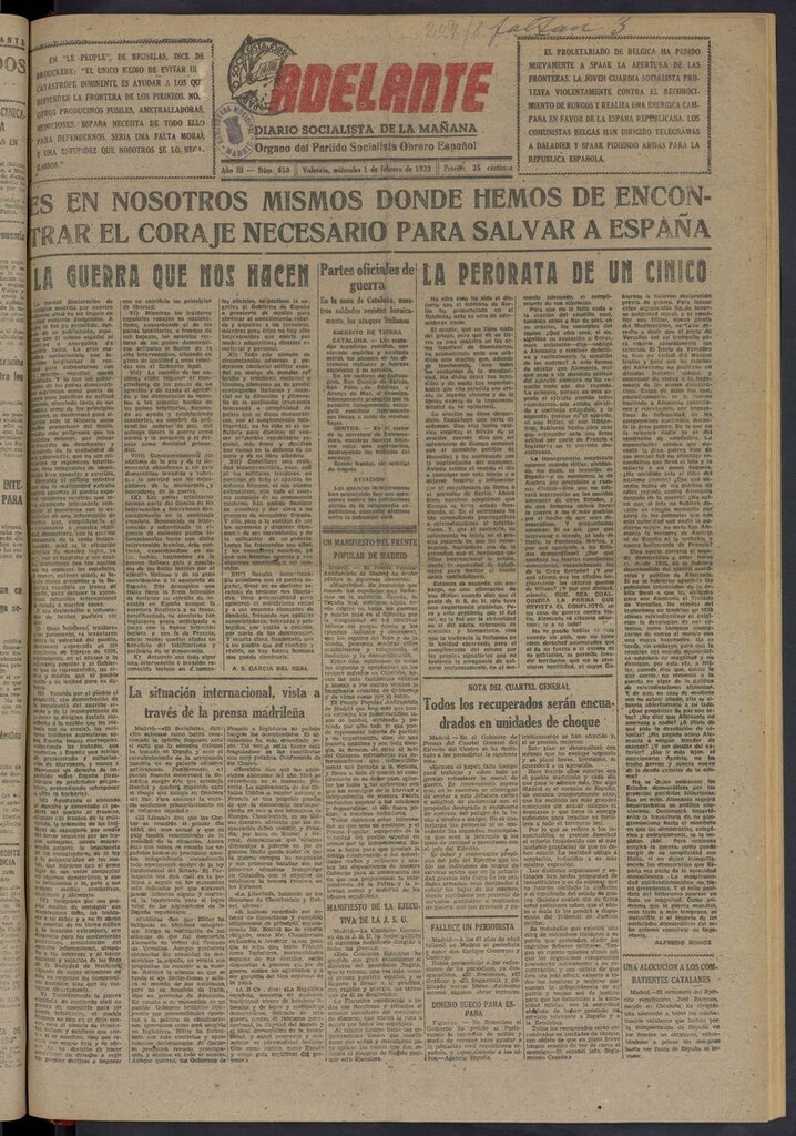 Miniatura de Adelante: diario socialista de la mañana del 1 de febrero de 1939