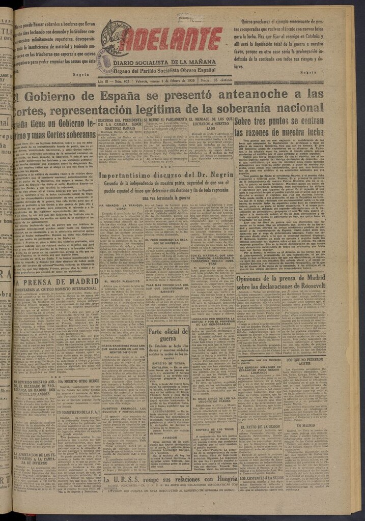Miniatura de Adelante: diario socialista de la mañana del 3 de febrero de 1939