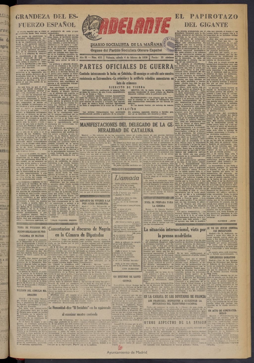 Miniatura de Adelante: diario socialista de la mañana del 4 de febrero de 1939