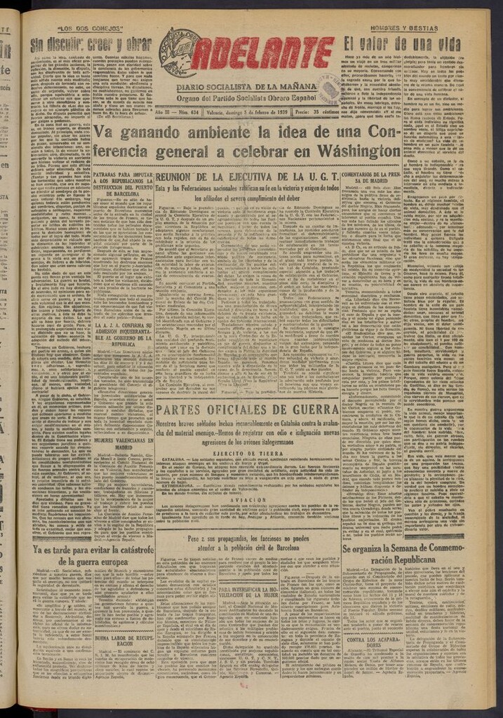 Miniatura de Adelante: diario socialista de la mañana del 5 de febrero de 1939