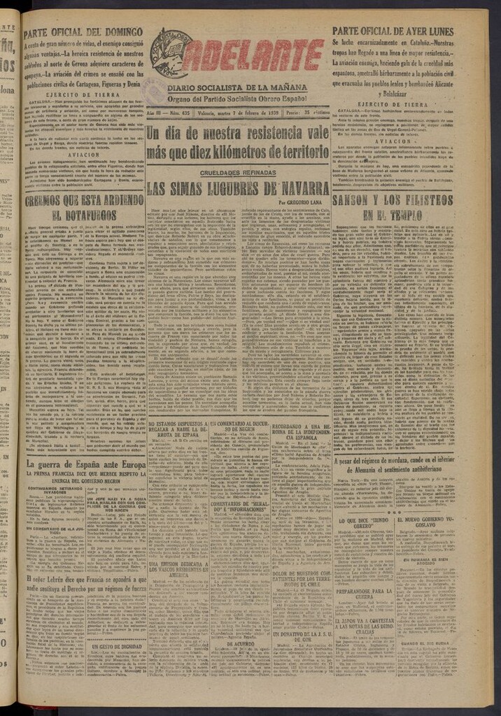 Miniatura de Adelante: diario socialista de la mañana del 7 de febrero de 1939